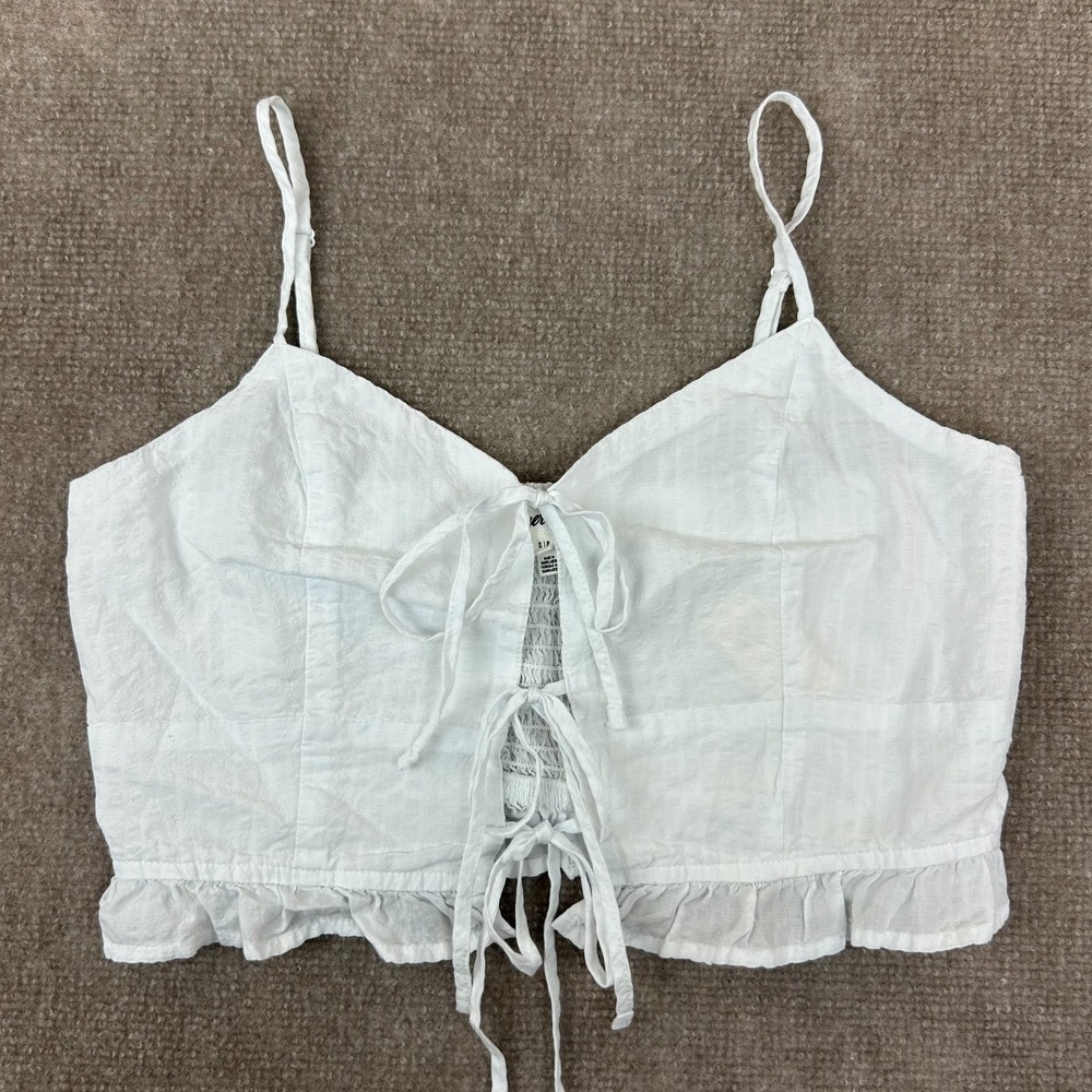 Aerie‎ Woven Lace Up Cropped Top Womens S White Ruffle Hem Pretty Lace Up Front